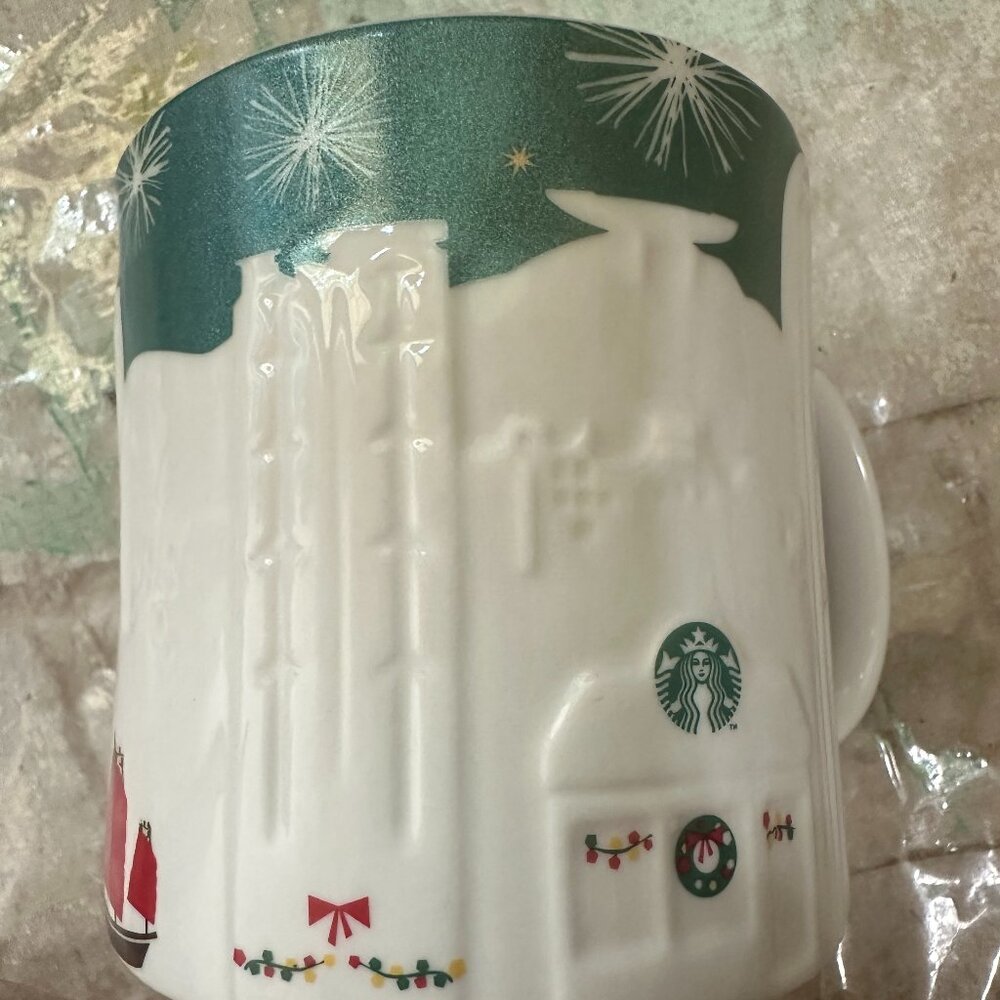 Starbucks Hong Kong Christmas 3D Green White Skyline Relief Ceramic Mug Cup 16oz - Picture 1 of 6